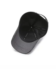 Detail view of reinforced inner seams with brand logo on gray baseball cap
