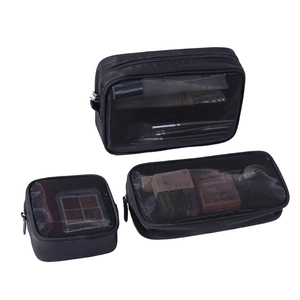 Set of three black mesh cosmetic bags in different sizes with zippers on white background