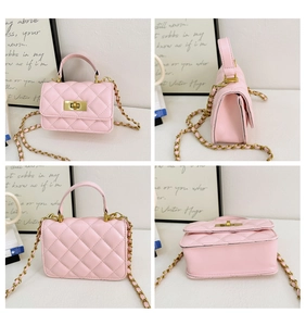 Detailed views of the pink quilted PU leather mini bag with gold chain and clasp