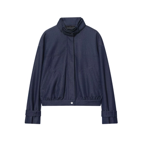 Women Fashion Solid Navy Blue Stand Collar Bomber Jacket Long Sleeve Casual Twill Outerwear Zip Up