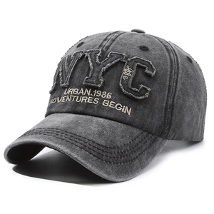 Retro washed dark grey baseball cap with NYC embroidery and curved brim for outdoor sport