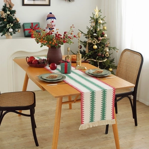 Christmas Table Runner Cotton Jute Woven Striped Diamond Pattern With Tassel Festive Dining Room Sideboard Decoration