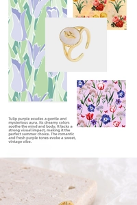 Detail of S925 silver tulip open ring with gold floral relief and white shell inlay