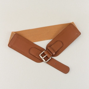 Detail of brown leather texture and camel elastic strap with silver square buckle