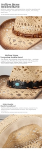 Detail view of woven straw western hat with turquoise buckle and wooden beads decoration