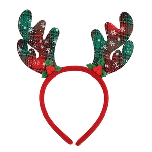 Serre-tête bois de renne de Noël avec motif à carreaux rouge et vert et décor de houx
