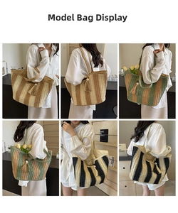 Detailed views of striped straw tote bags with decorative tassels in various colors
