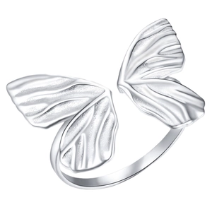 S925 sterling silver butterfly open ring for women with matte texture wings on white background