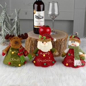 Three-piece Christmas wine bottle cover set with Santa, Reindeer, and Snowman