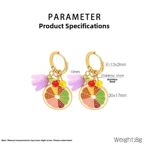 Detail of stainless steel lemon and tulip drop earrings with 8g weight and size specs