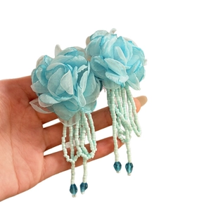 Elegant blue fabric flower earrings with crystal tassel and silver needle for women