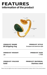 Detail view of gold adjustable ring with green and amber water drop enamel elements
