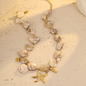 Gold stainless steel starfish and seashell pendant necklace with natural shell fragments