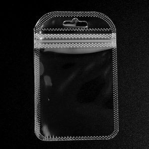 Detail of translucent iridescent frosted bag with ziplock seal and hanging hole