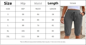 Size chart showing hip, waist, and length measurements for women's yoga cropped pants