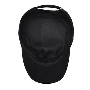 Black flat top military cap with breathable mesh lining and cotton canvas texture