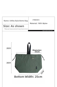 Detailed size chart for the military green waterproof nylon insulated lunch tote bag