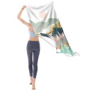 Quick-dry microfiber beach towel featuring a Nordic landscape print with mountain and sun