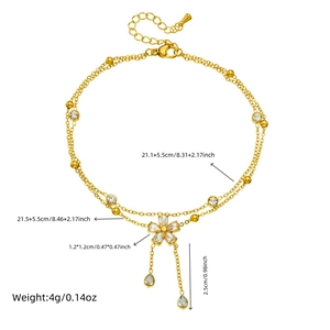 Double-layered gold stainless steel anklet with cubic zirconia flower and tassel chain