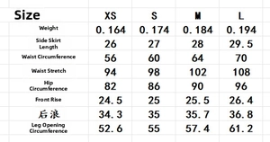 Detailed size guide for ruffled mini skirt including waist and hip measurements