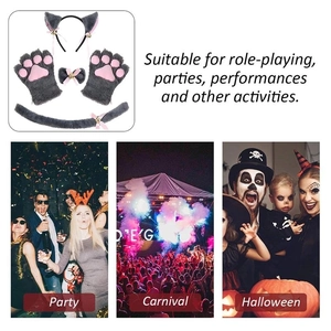 Gray and pink plush cat cosplay set including ears, paws, bow tie and tail for parties