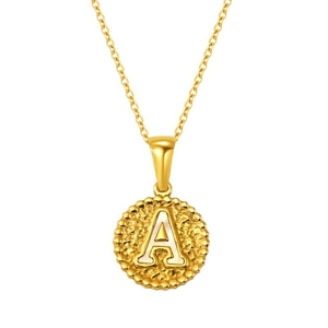 Titanium steel gold necklace with hammered round pendant and letter A shell inlay