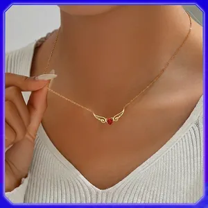 Collana Con Pendente A Cuore Con Ala D'angelo Acciaio Inossidabile Gemma Rossa Elegante Girocollo Alato Per Donna Placcato Oro