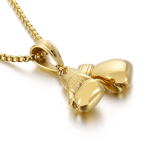 Polished gold stainless steel boxing glove pendant necklace with realistic details