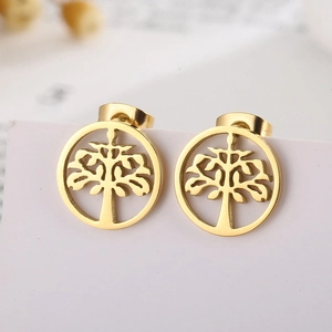 Detailed close-up of golden Tree of Life earrings with intricate hollow-out craftsmanship