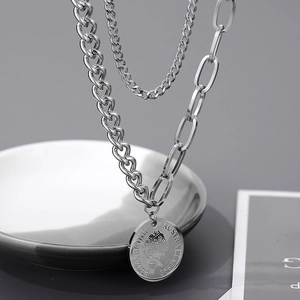 Double Layer Stainless Steel Necklace Elizabeth II Portrait Coin Pendant Cuban And Paperclip Chain Vintage Hip Hop Jewelry