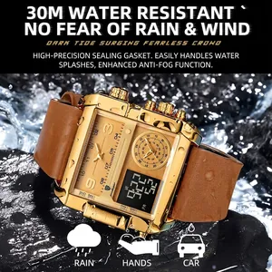 Waterproof men's square gold watch with dual display and brown leather strap in water splashes