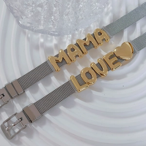 Adjustable mesh bracelet with silver metal strap and golden LOVE MAMA letter charms