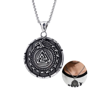 Viking Pendant Necklace Stainless Steel Round Valknut Symbol Dragon Relief Nordic Mythology Jewelry For Men Antique Finish