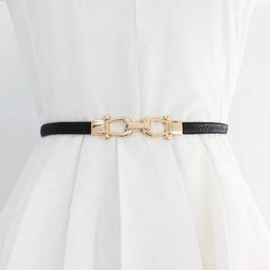 Elastic skinny waist belt for women with elegant gold metal hook buckle for dresses