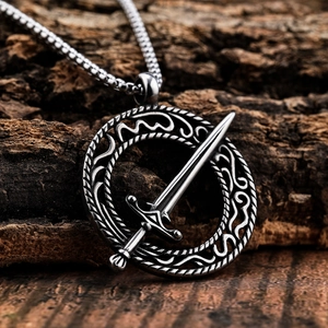 Silver sword ring pendant necklace in stainless steel with Celtic style details