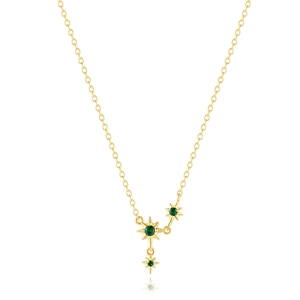 Gold S925 sterling silver necklace featuring three star pendants with green gemstones