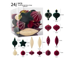 Detailed set of 24 velvet Christmas ornaments in burgundy and green with size dimensions