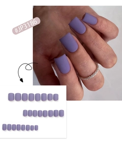 Detailed view of matte purple short square press-on nails set for easy home manicure