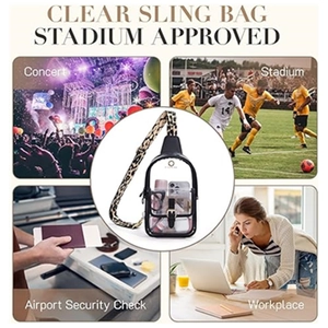 Clear sling bag for stadium use with leopard print strap shown in various usage scenarios