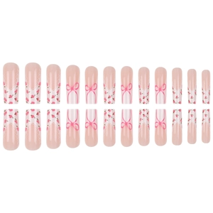 24pcs long coffin press-on nails with pink bows and vintage rose floral lace patterns