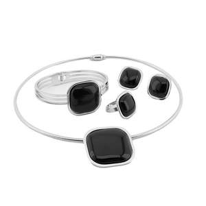 Fashion silver titanium steel jewelry set featuring black cat eye stones on a white background