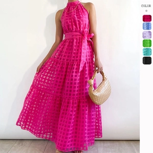 Halter Neck Maxi Dress Women Polyester Plaid Texture Tiered Cake Skirt Sleeveless Backless Tie Waist Summer Beach Elegant