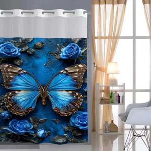 Detail of waterproof shower curtain featuring blue butterfly and rose 3D digital prints