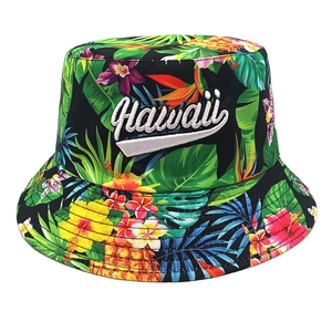 Black bucket hat with colorful tropical floral patterns and Hawaii 3D embroidery