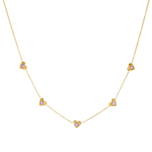 Collier cœur plaqué or 18 carats avec cinq zircons violets sur une chaîne à mailles fines