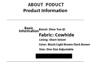 Detail specifications of men's cowhide hat showing materials, colors, and adjustable size