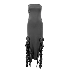 Detail view of the elegant black tube maxi dress featuring ruffled sides and slim fit