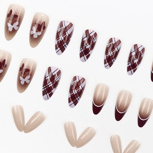 Brown plaid and butterfly almond press-on nails with autumn smudge design 24pcs