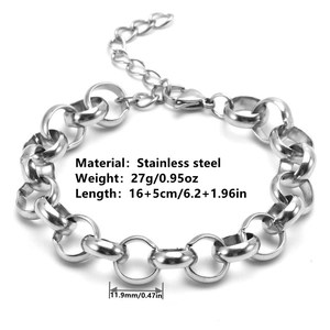 Polished silver stainless steel 12mm wide link chain bracelet with extension chain