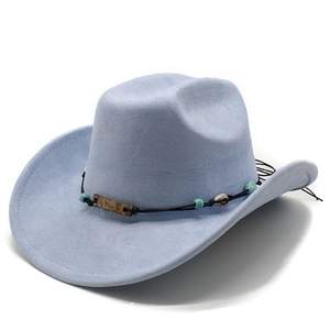 Light blue faux suede western cowboy hat with ethnic beaded trim and curved brim